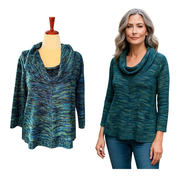 Kim Rogers Cowl Neck 3/4 Sleeve Sweater Size XL Multi Color Turquoise Knit - Picture 1 of 13